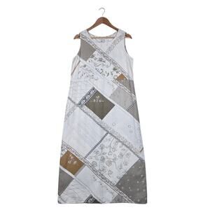 Vintage 90s Linen Patchwork Maxi Dress M Neutral Outfit JPR Boho Cottagecore